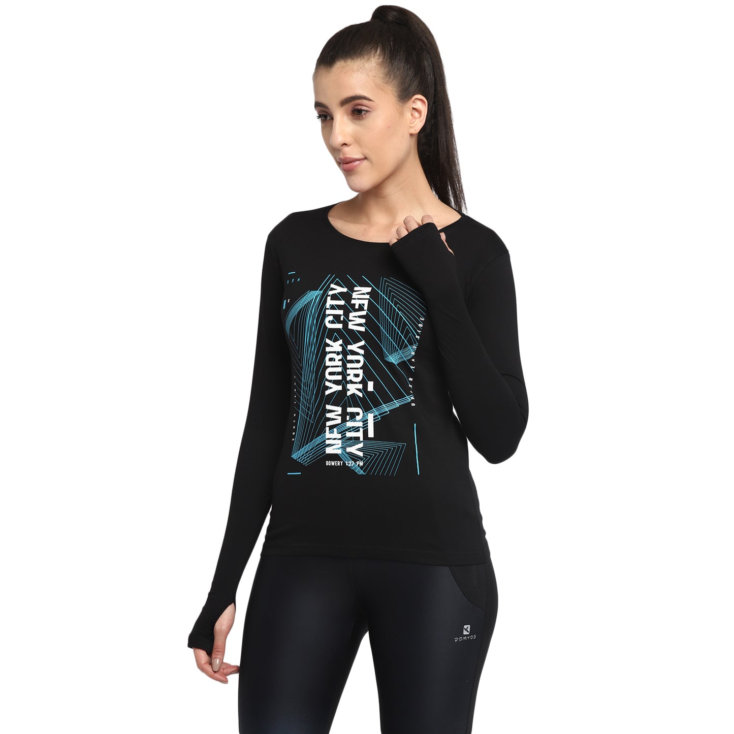 Ap'pulse Women's Printed Long Sleeve Thumbopen Round Neck Tshirt