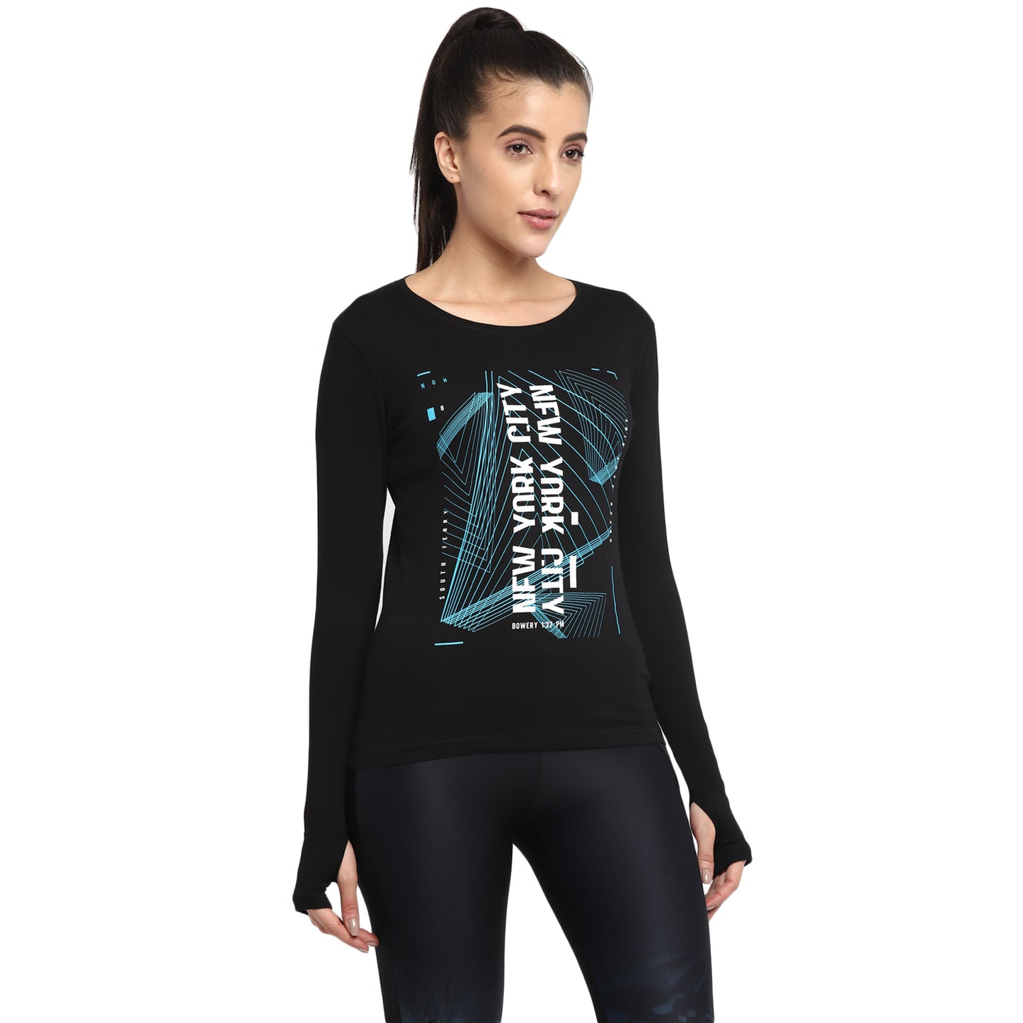 Ap'pulse Women's Printed Long Sleeve Thumbopen Round Neck Tshirt