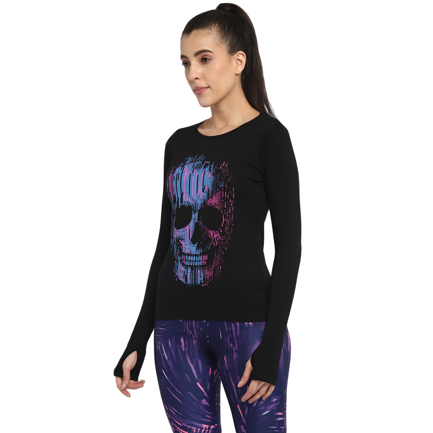 Ap'pulse Women's Printed Long Sleeve Thumbopen Round Neck Tshirt