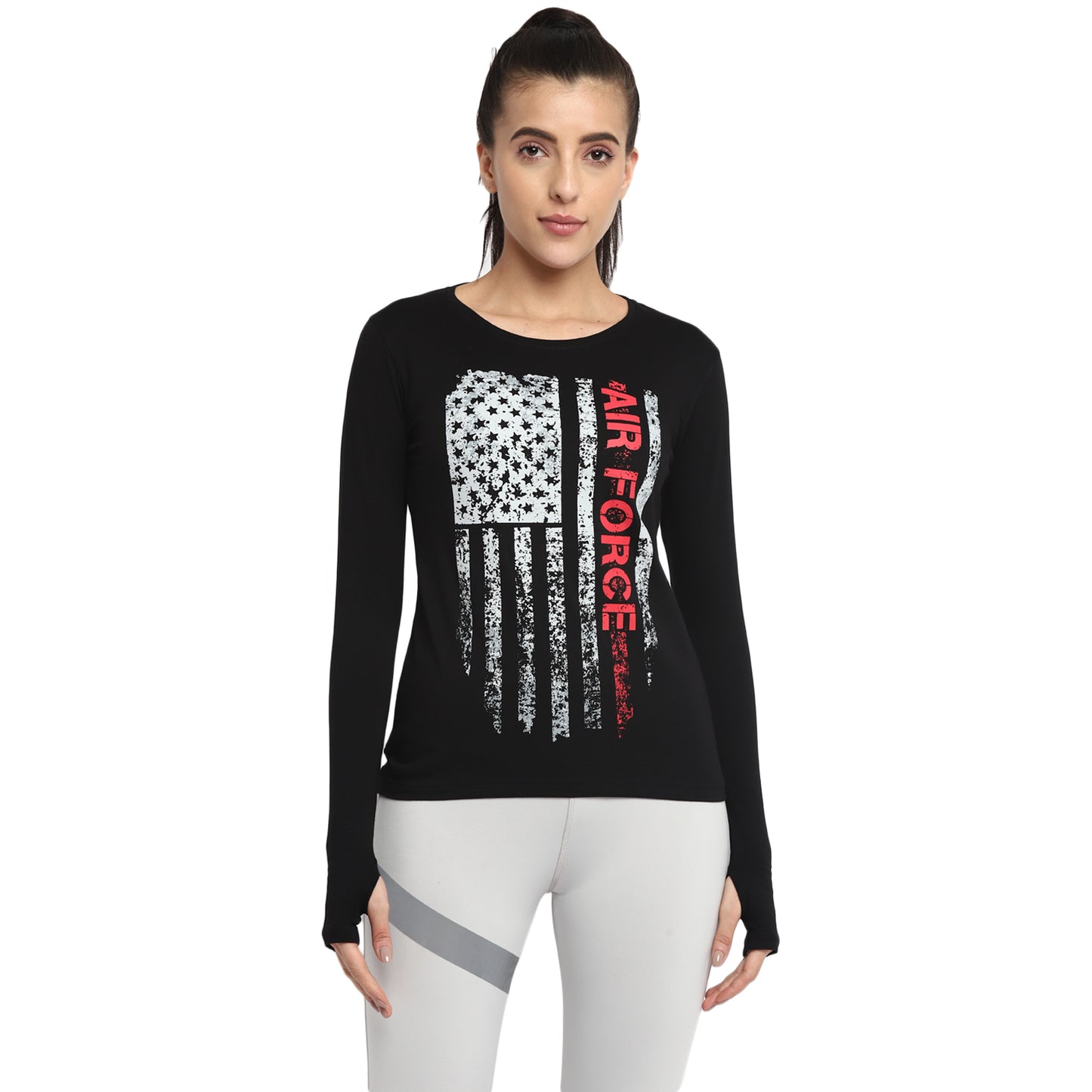 Ap'pulse Women's Printed Long Sleeve Thumbopen Round Neck Tshirt