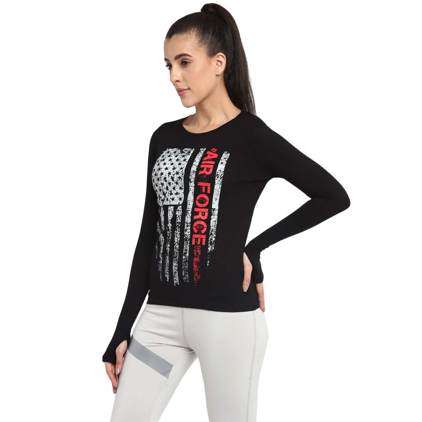 Ap'pulse Women's Printed Long Sleeve Thumbopen Round Neck Tshirt