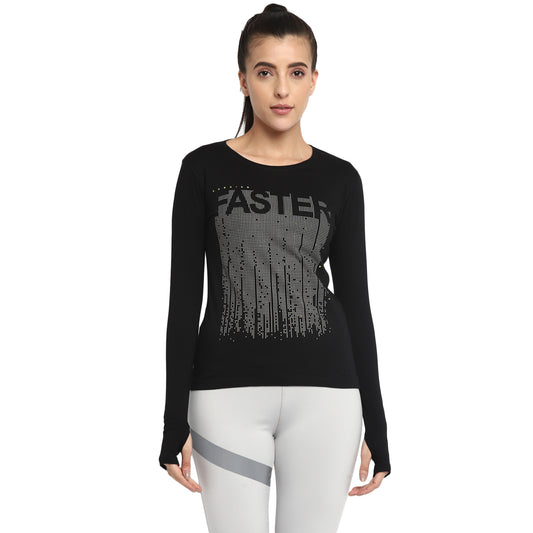 Ap'pulse Women's Printed Long Sleeve Thumbopen Round Neck Tshirt