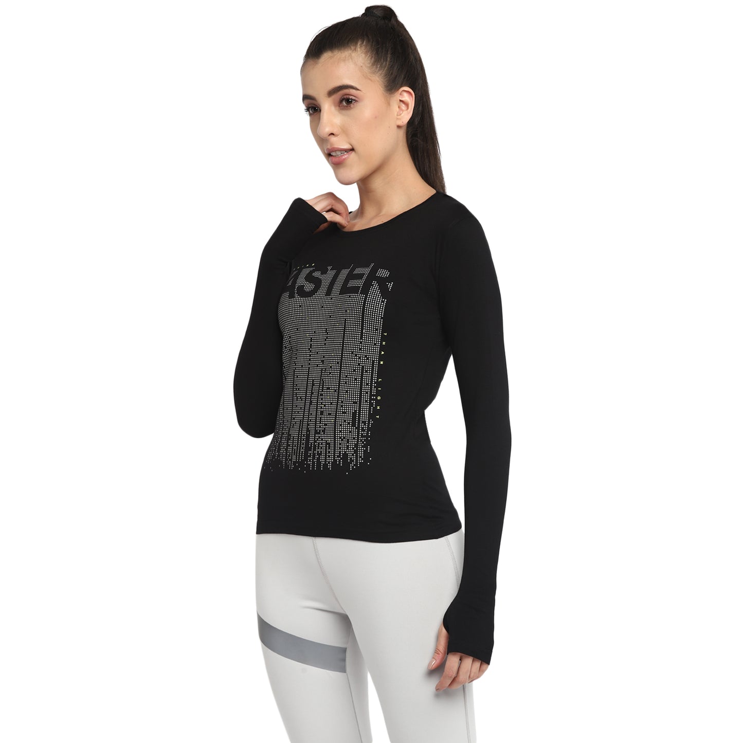 Ap'pulse Women's Printed Long Sleeve Thumbopen Round Neck Tshirt