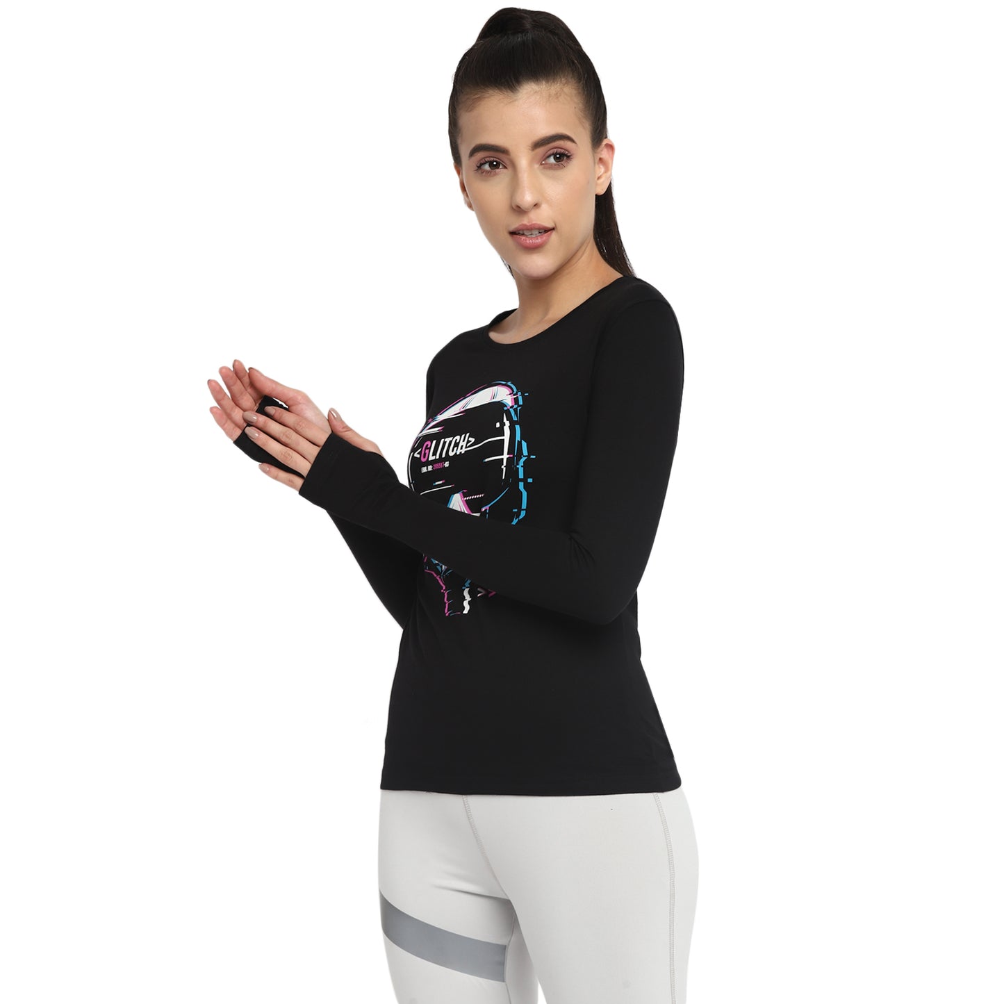 Ap'pulse Women's Printed Long Sleeve Thumbopen Round Neck Tshirt