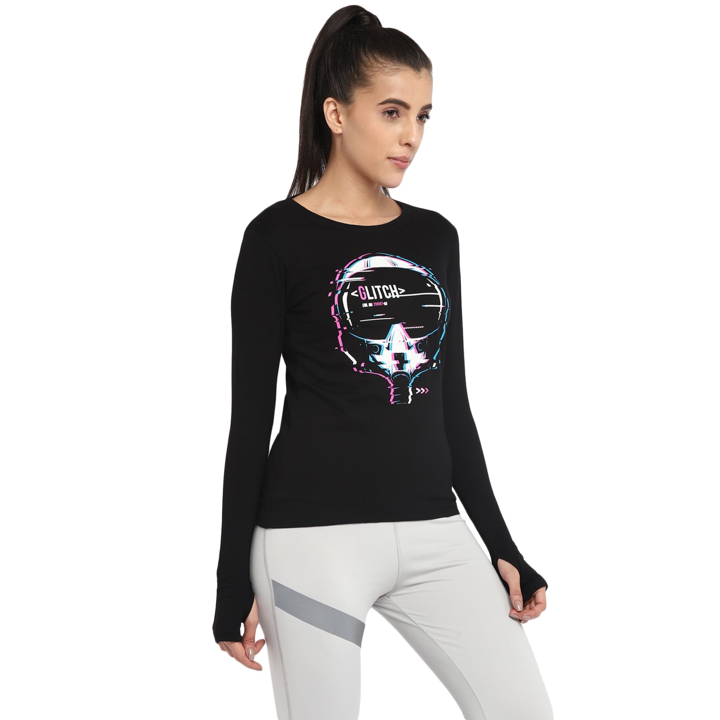 Ap'pulse Women's Printed Long Sleeve Thumbopen Round Neck Tshirt