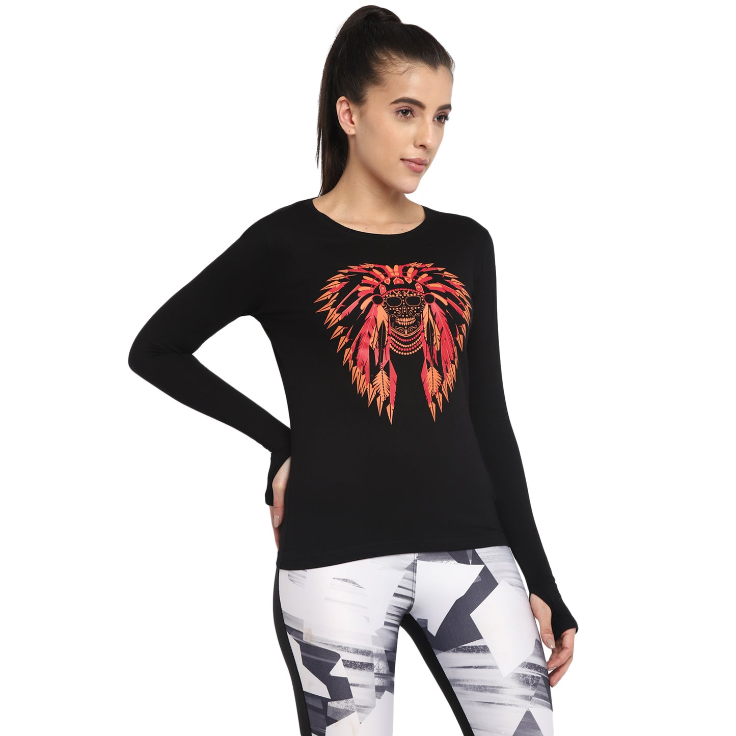 Ap'pulse Women's Printed Long Sleeve Thumbopen Round Neck Tshirt