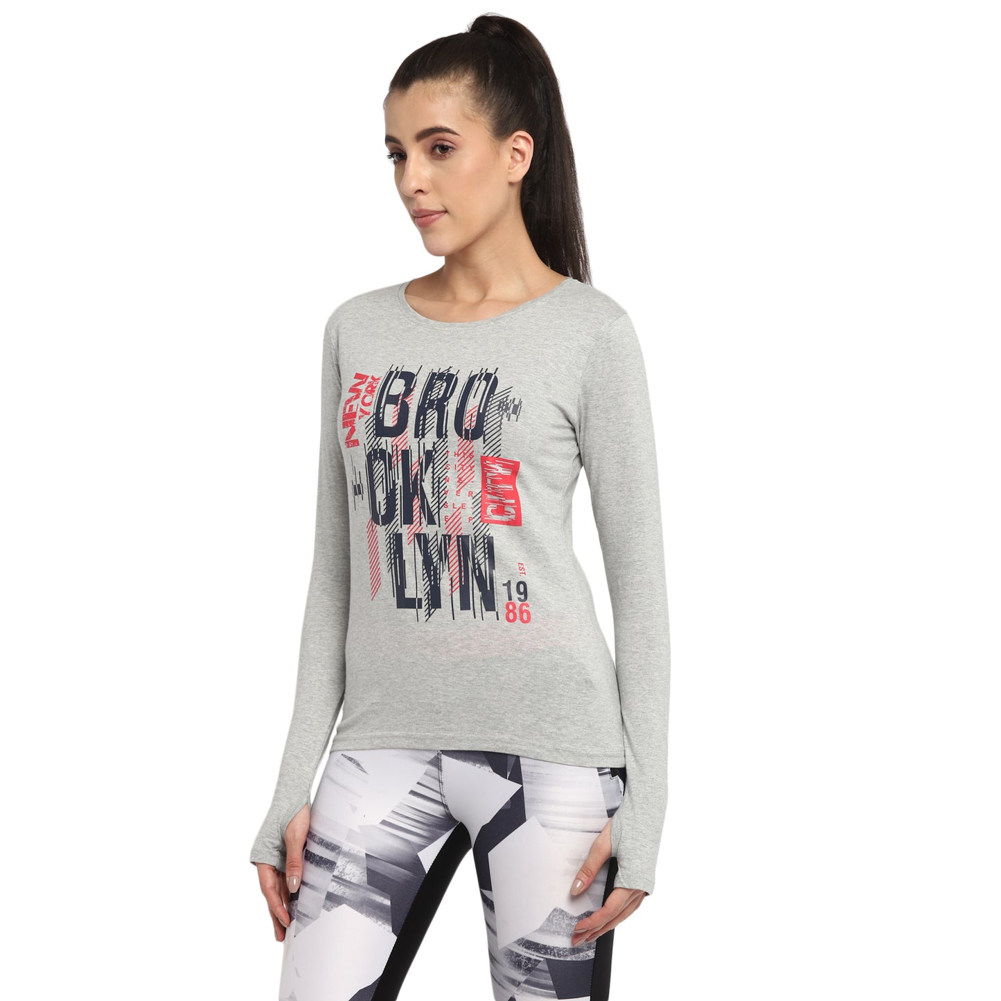 Ap'pulse Women's Printed Long Sleeve Thumbopen Round Neck Tshirt