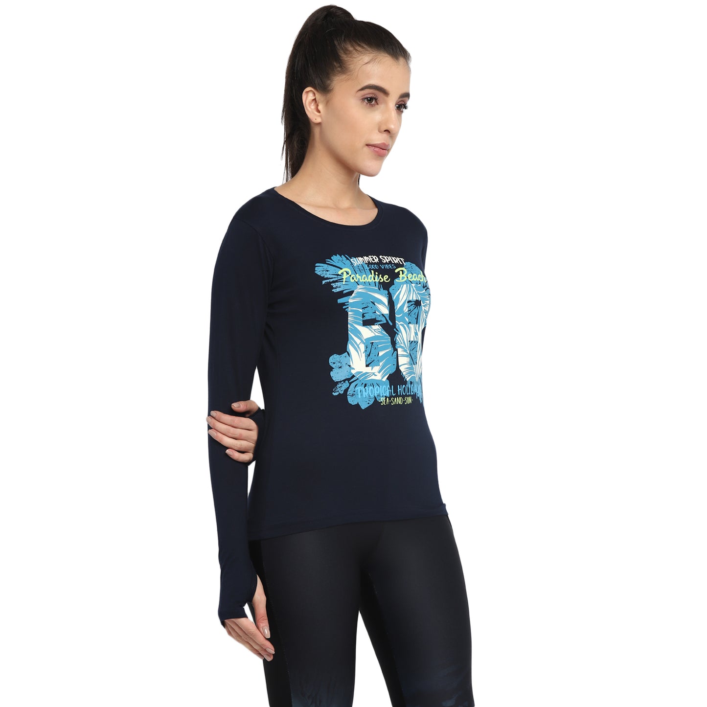 Ap'pulse Women's Printed Long Sleeve Thumbopen Round Neck Tshirt