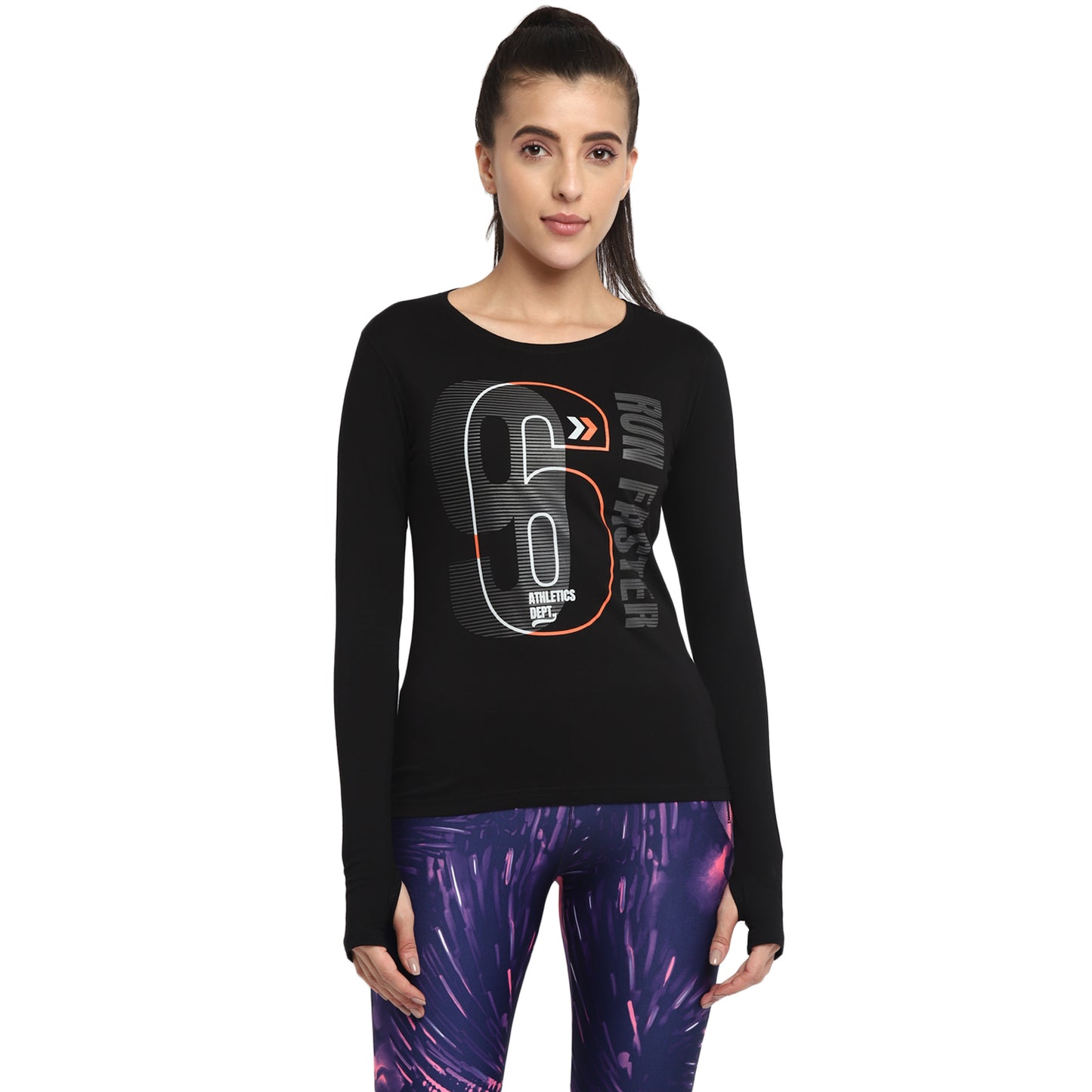 Ap'pulse Women's Printed Long Sleeve Thumbopen Round Neck Tshirt