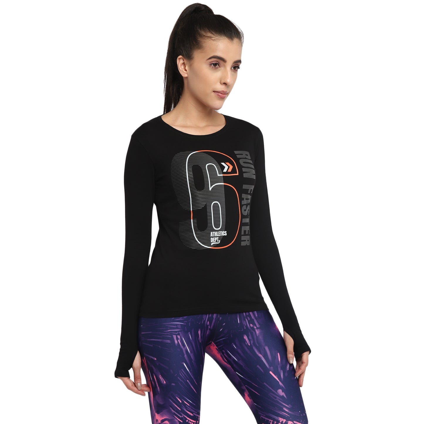 Ap'pulse Women's Printed Long Sleeve Thumbopen Round Neck Tshirt