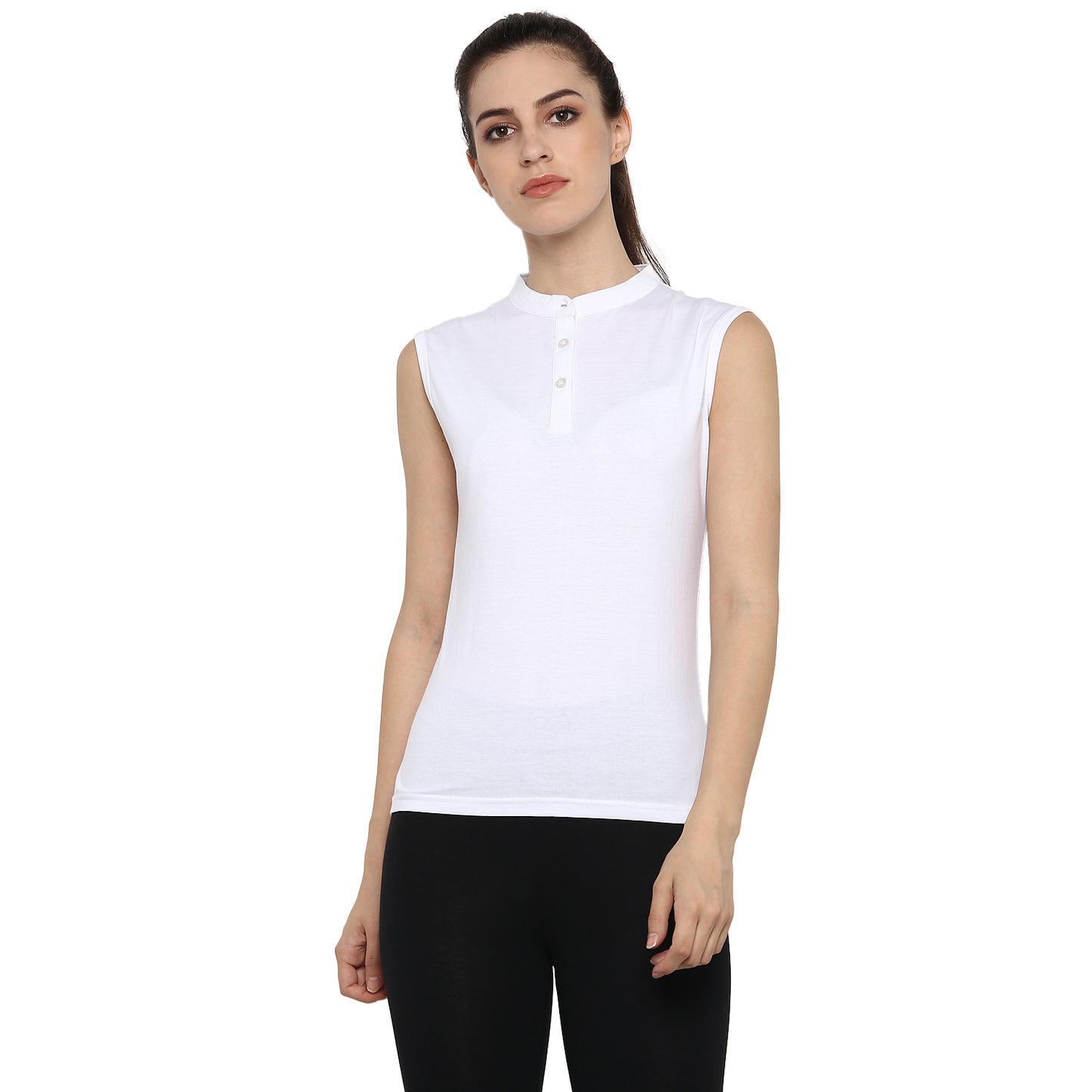 Ap'pulse Women's Sleeveless Mandarin Collar Tshirt