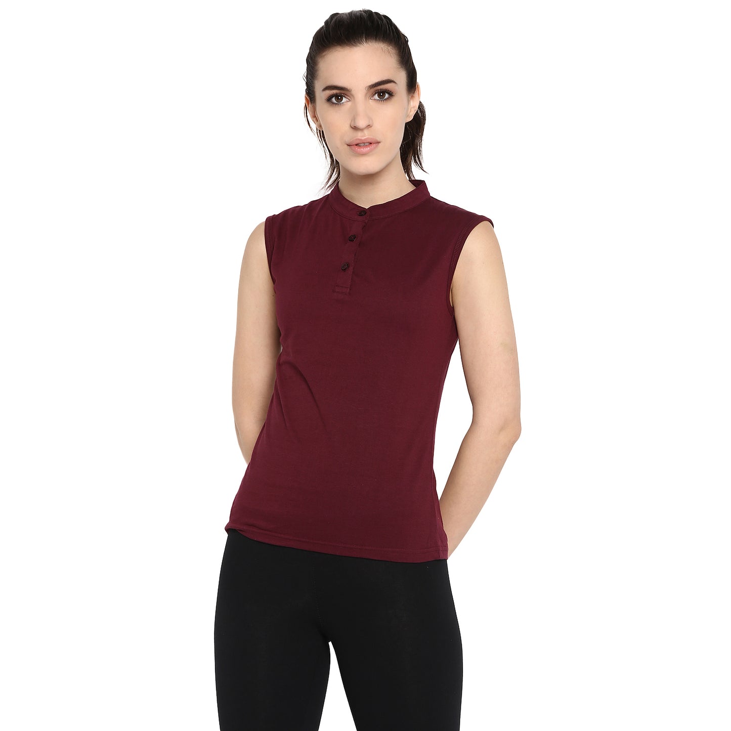 Ap'pulse Women's Sleeveless Mandarin Collar Tshirt